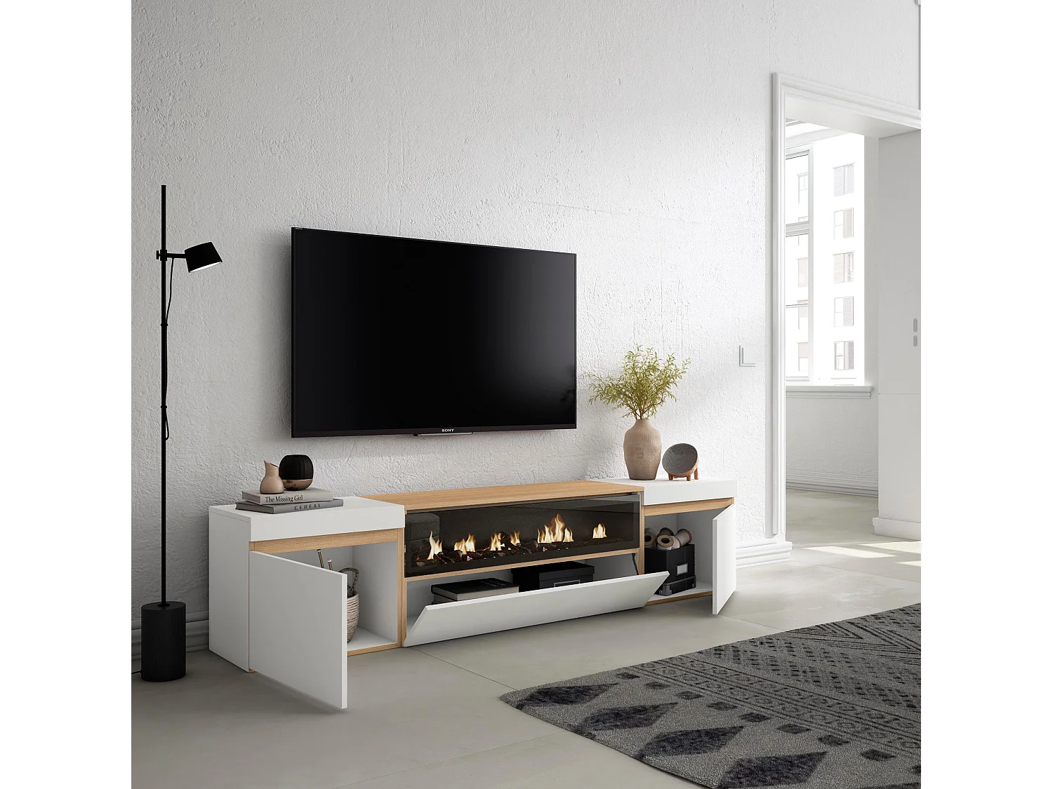 Meuble TV, Banc Télé, 200x35x45cm, Pour les TV jusqu'à 80", Cheminée électrique, Blanc et Chêne Soft