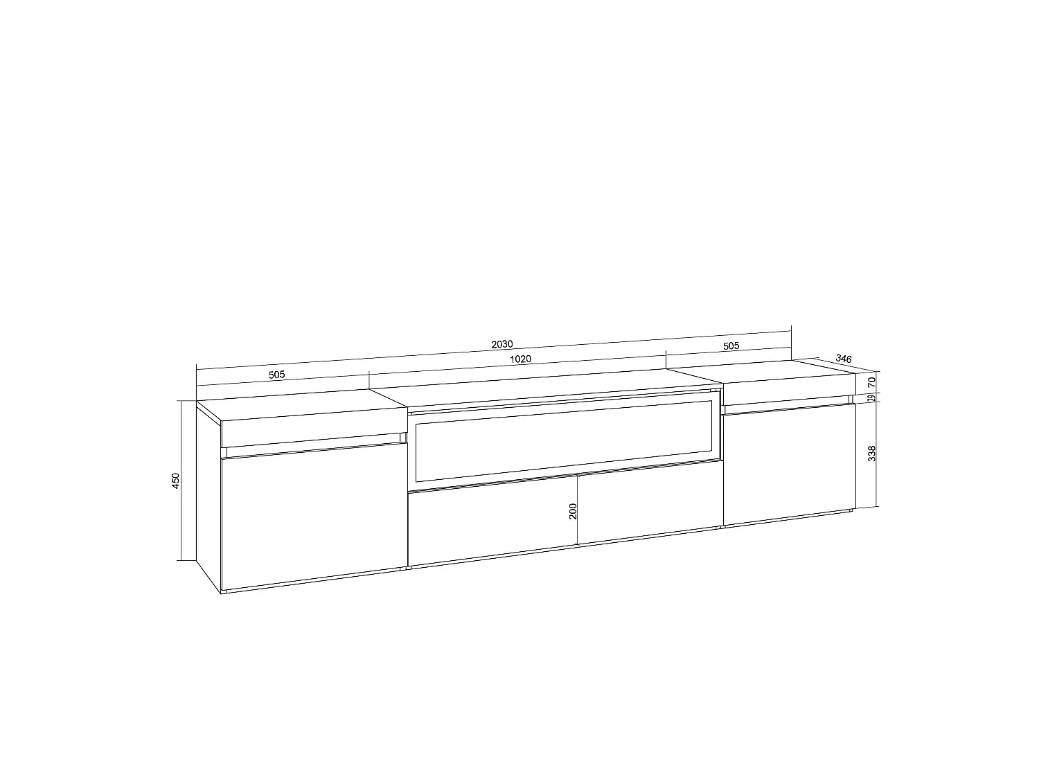 Meuble TV, Banc Télé, 200x35x45cm, Pour les TV jusqu'à 80", Cheminée électrique, Blanc et Chêne Soft
