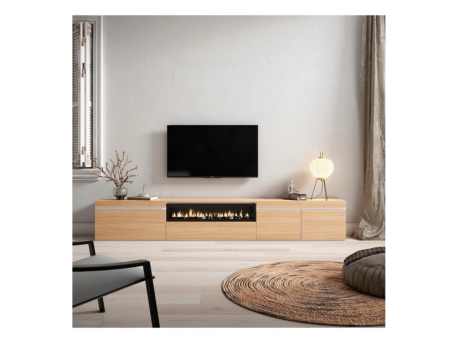 Meuble TV, Banc Télé, 288x35x45 cm, TV grand format, Cheminée électrique, Chêne soft et blanc