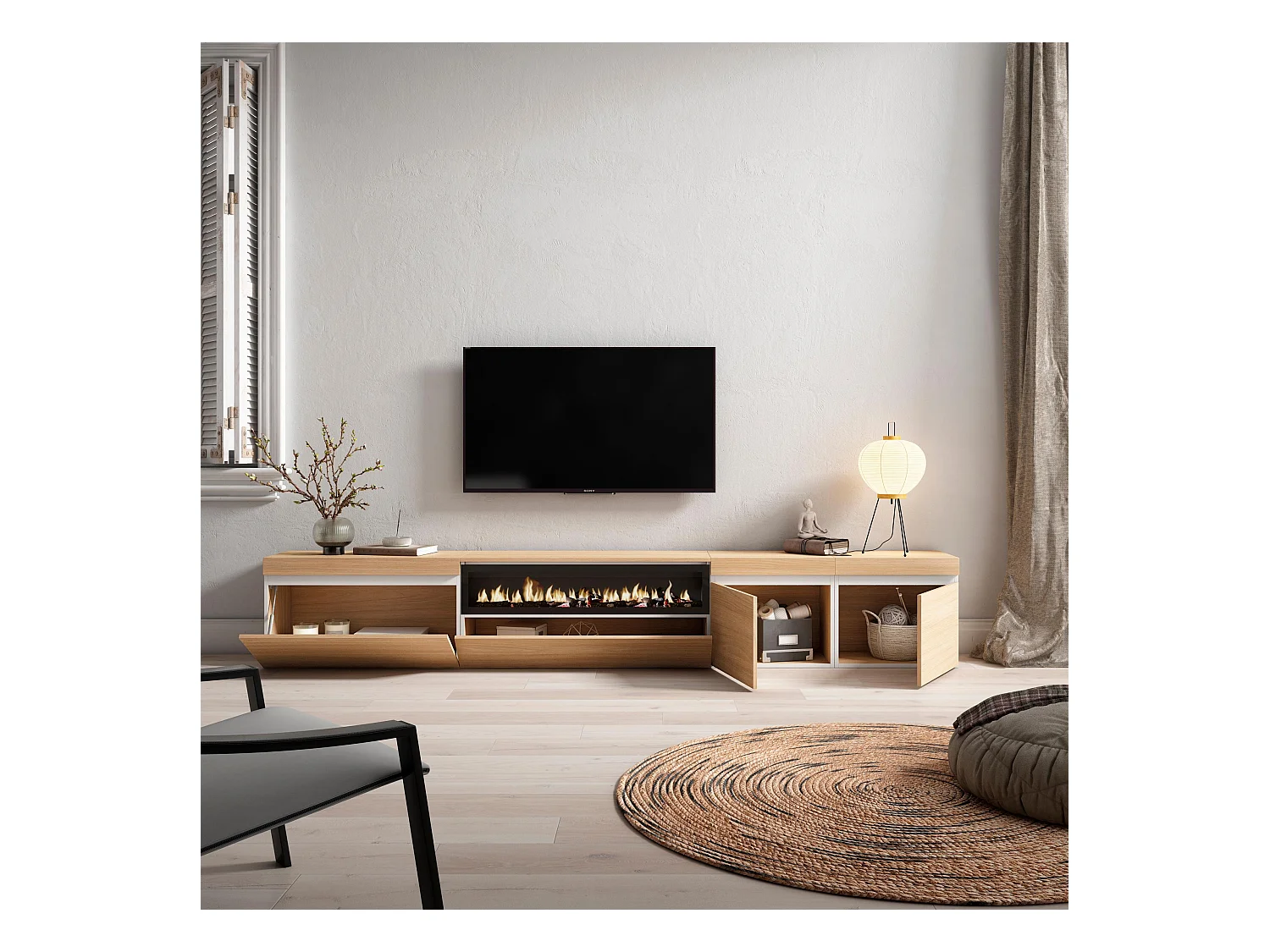 Meuble TV, Banc Télé, 288x35x45 cm, TV grand format, Cheminée électrique, Chêne soft et blanc