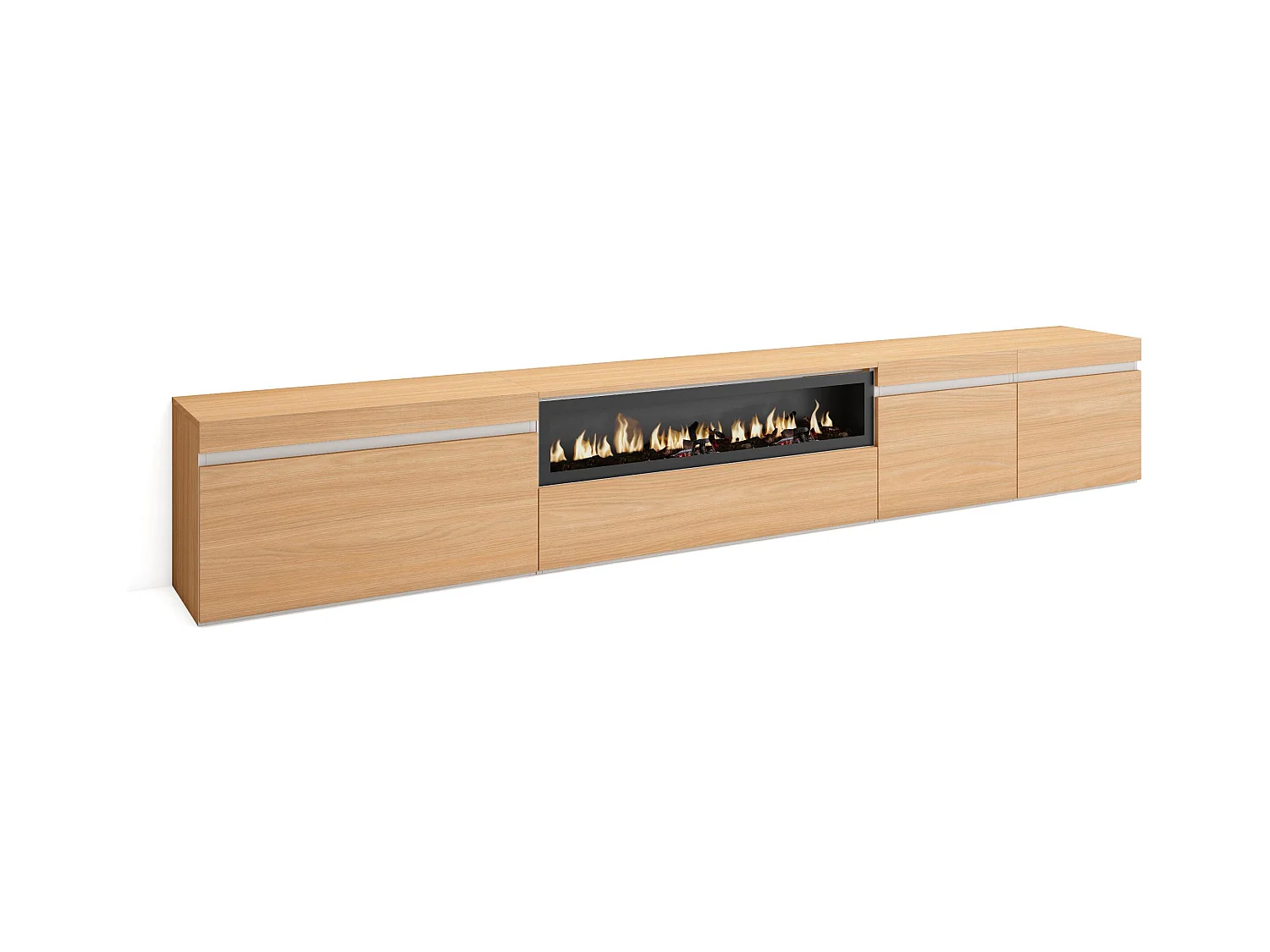 TV-Meubel, Lowboard, 288x45x35 cm, Groot formaat TV, Elektrische haard, Eiken soft en Wit