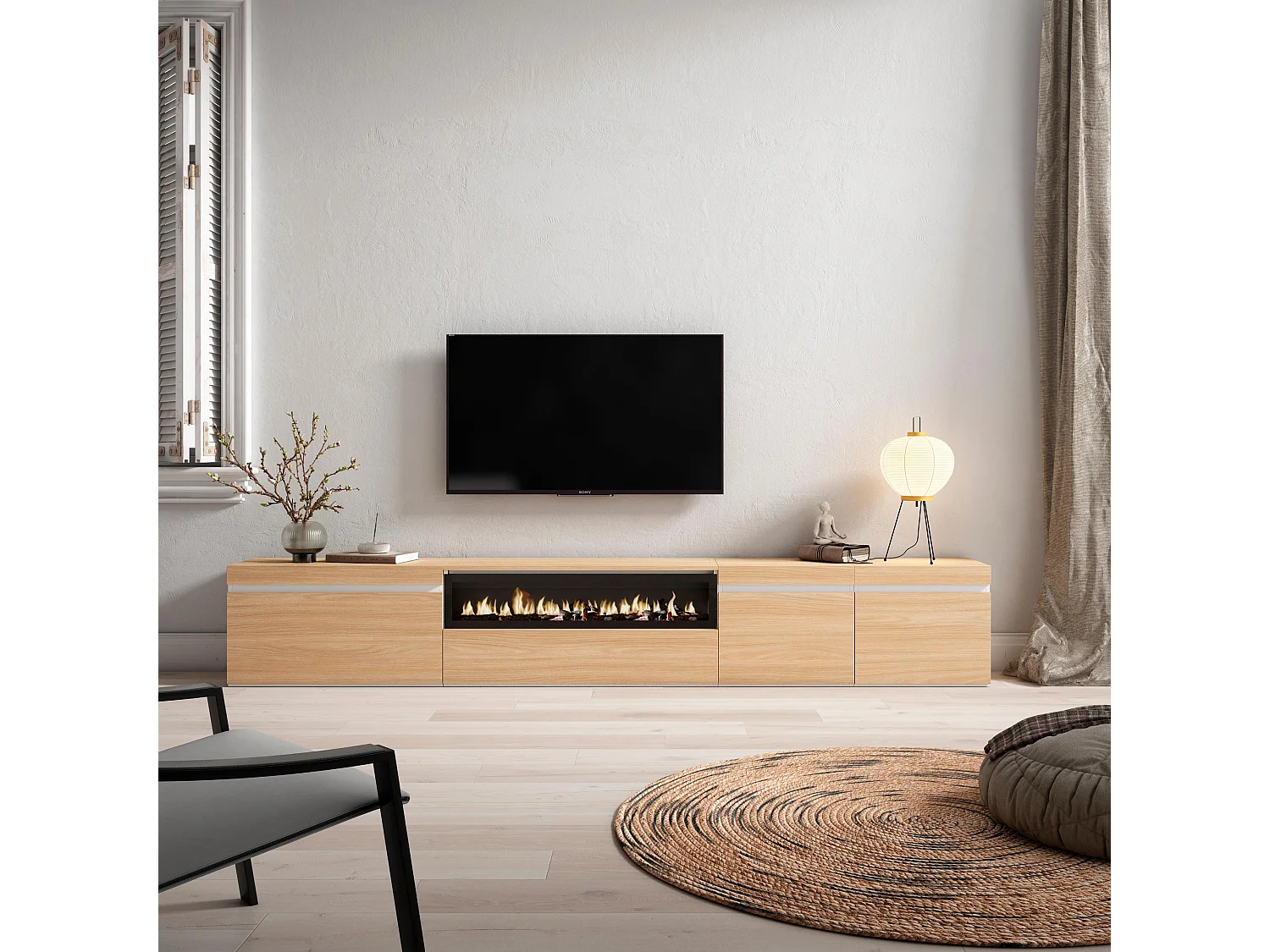 Meuble TV, Banc Télé, 288x35x45 cm, TV grand format, Cheminée électrique, Chêne soft et blanc