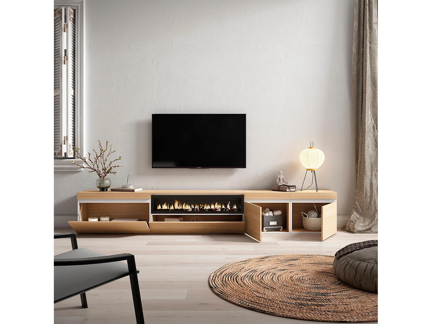 Meuble TV, Banc Télé, 288x35x45 cm, TV grand format, Cheminée électrique, Chêne soft et blanc