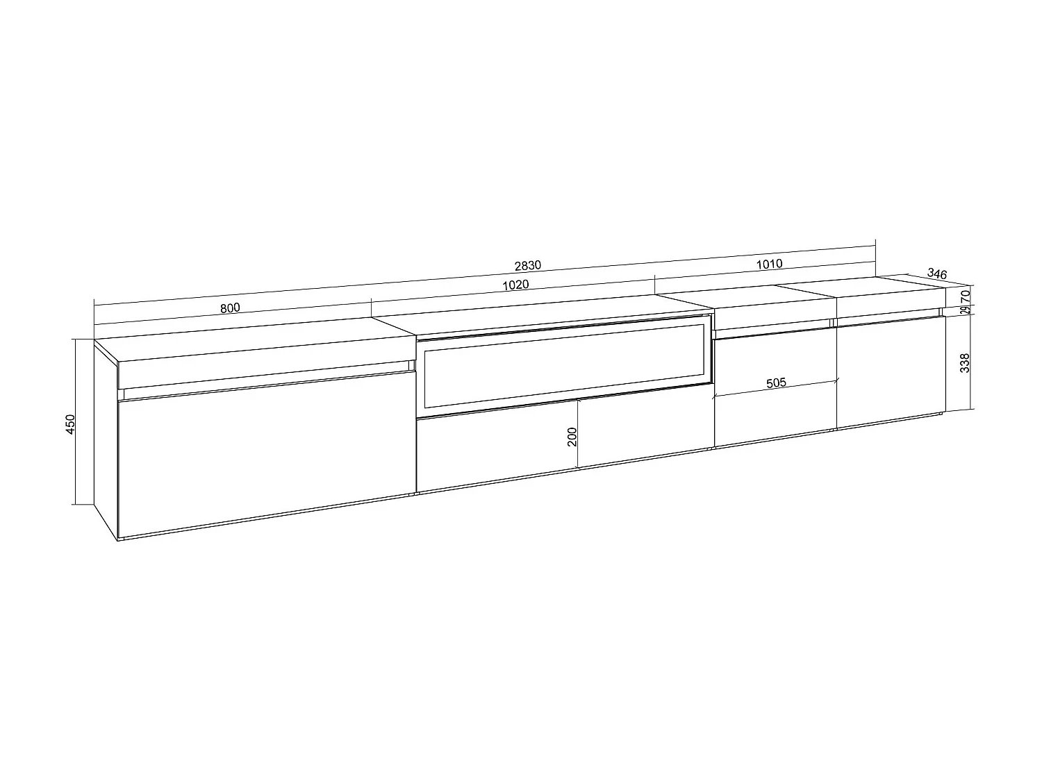 Meuble TV, Banc Télé, 288x35x45 cm, TV grand format, Cheminée électrique, Chêne soft et blanc