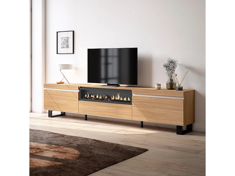 TV-Schrank, Lowboard, 260x35x57 cm, Für großformatiges TV, Elektrokamin., Industriedesign, Eiche Soft und weiß