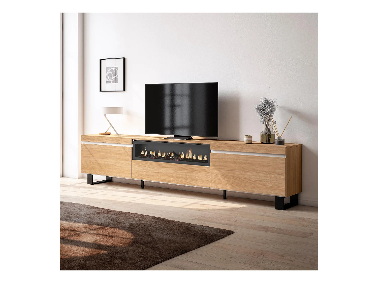 Mobile TV Soggiorno, 260x35x57cm, TV di grande formato, Camino elettrico, Design industriale, Rovere soft e bianco