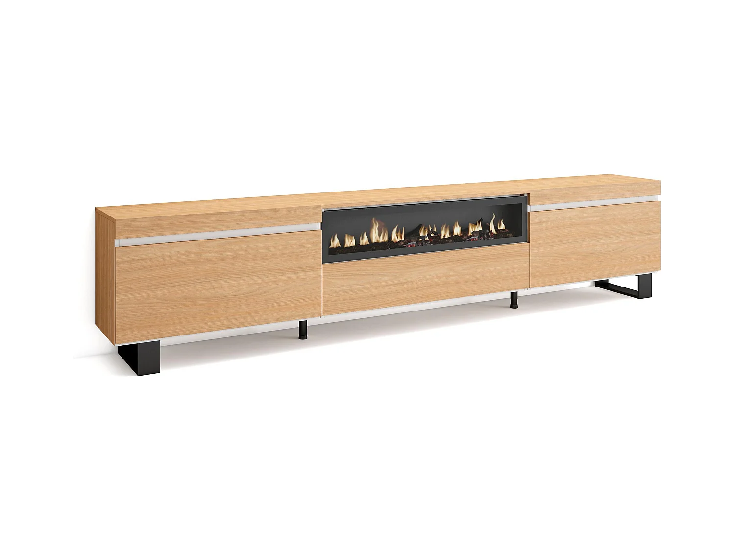 Mobile TV Soggiorno, 260x35x57cm, TV di grande formato, Camino elettrico, Design industriale, Rovere soft e bianco