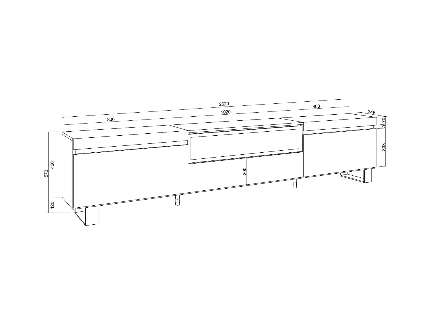 Mobile TV Soggiorno, 260x35x57cm, TV di grande formato, Camino elettrico, Design industriale, Rovere soft e bianco