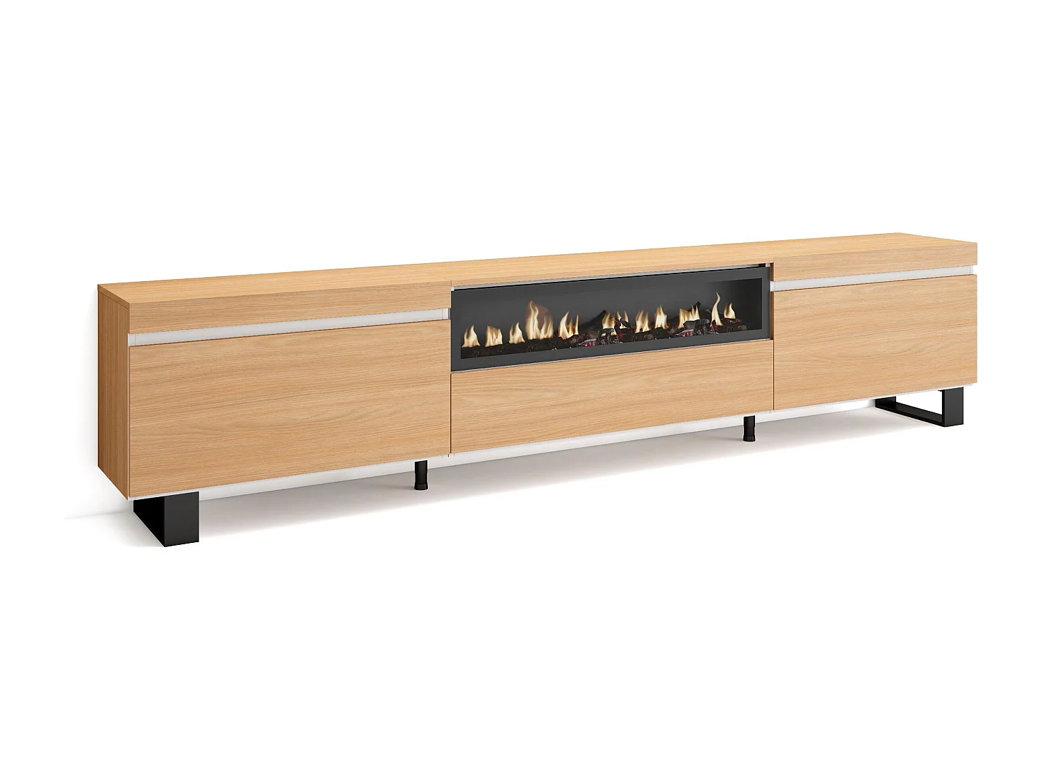 Meuble TV, Banc Télé, 260x35x57 cm, TV grand format, Cheminée électrique, Design industriel, Chêne soft et blanc