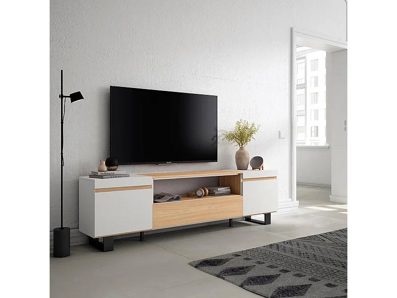 TV-Schrank, Lowboard, 200x35x57cm, Für TV-Geräte bis zu 80", Industriedesign, Eiche Soft und weiß