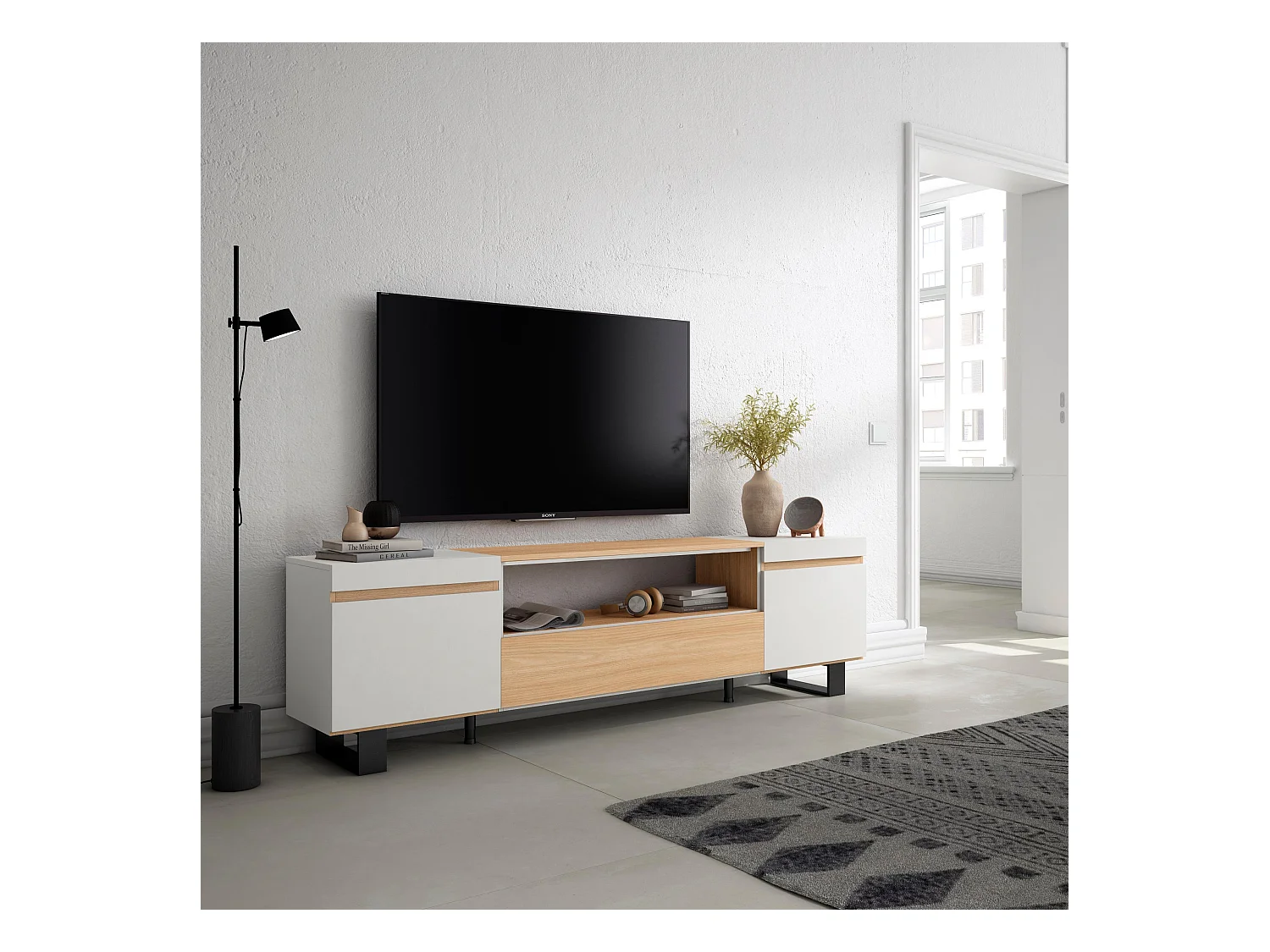 Meuble TV, Banc Télé, 200x35x57cm, Pour les TV jusqu'à 80", Design industriel, Chêne soft et blanc