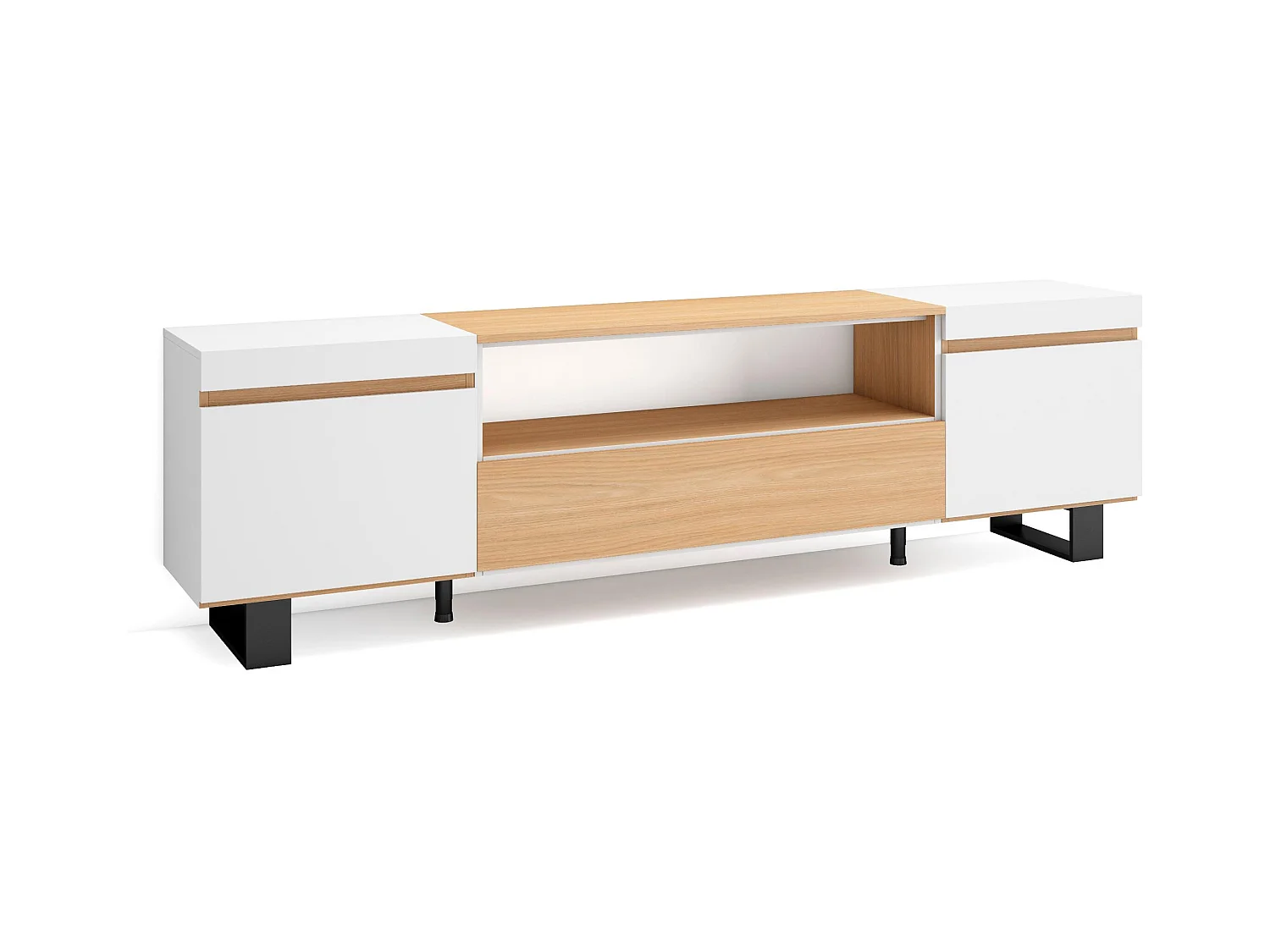 Meuble TV, Banc Télé, 200x35x57cm, Pour les TV jusqu'à 80", Design industriel, Chêne soft et blanc