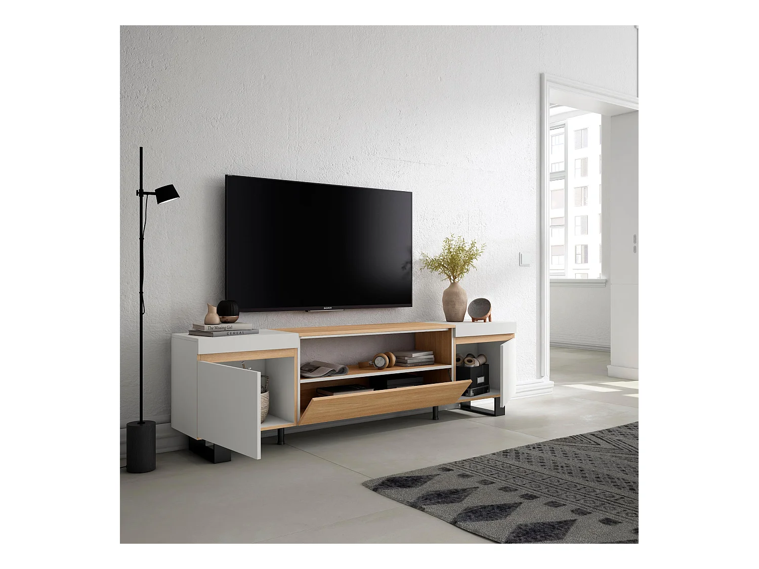 Meuble TV, Banc Télé, 200x35x57cm, Pour les TV jusqu'à 80", Design industriel, Chêne soft et blanc
