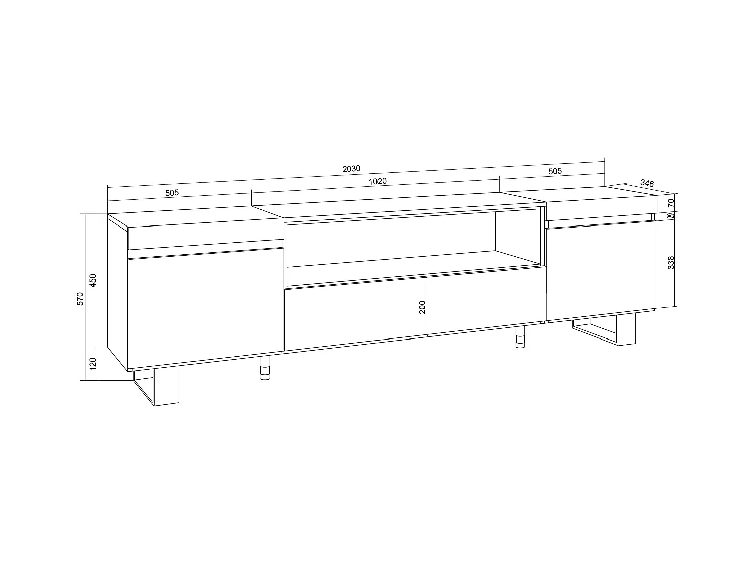 Meuble TV, Banc Télé, 200x35x57cm, Pour les TV jusqu'à 80", Design industriel, Chêne soft et blanc