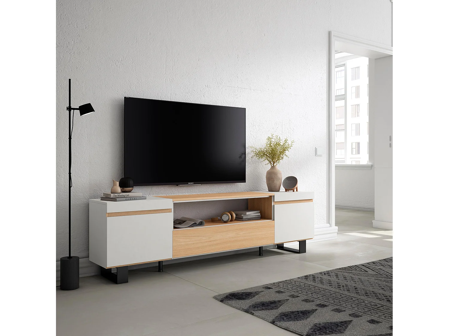 TV-Schrank, Lowboard, 200x35x57cm, Für TV-Geräte bis zu 80", Industriedesign, Eiche Soft und weiß