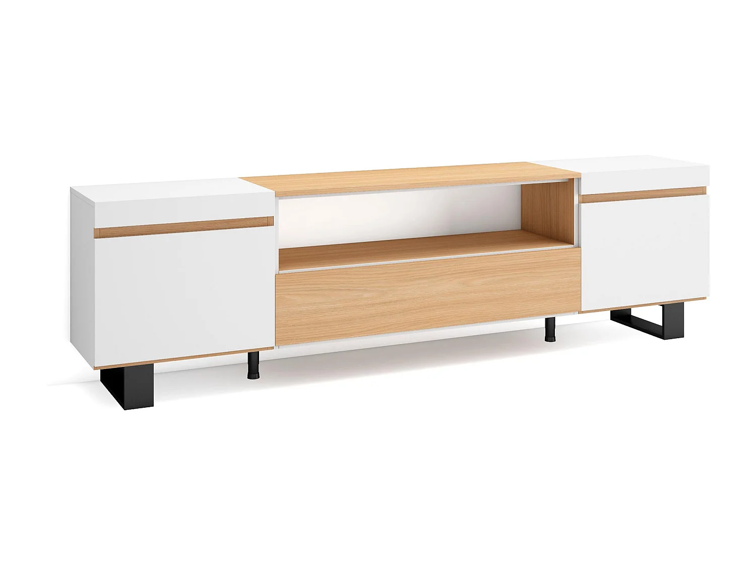TV-Schrank, Lowboard, 200x35x57cm, Für TV-Geräte bis zu 80", Industriedesign, Eiche Soft und weiß