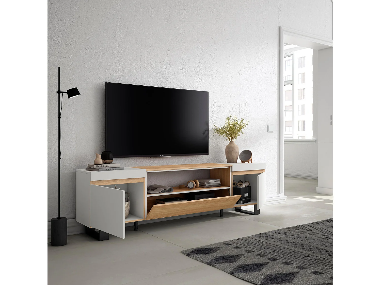TV-Schrank, Lowboard, 200x35x57cm, Für TV-Geräte bis zu 80", Industriedesign, Eiche Soft und weiß