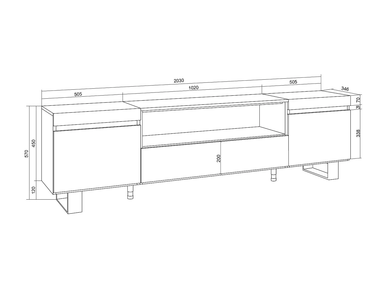 TV-Schrank, Lowboard, 200x35x57cm, Für TV-Geräte bis zu 80", Industriedesign, Eiche Soft und weiß