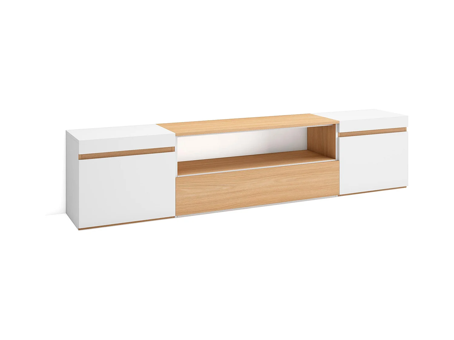 Meuble TV, Banc Télé, 200x35x45cm, Pour les TV jusqu'à 80", Meubles de salon, Chêne soft et blanc