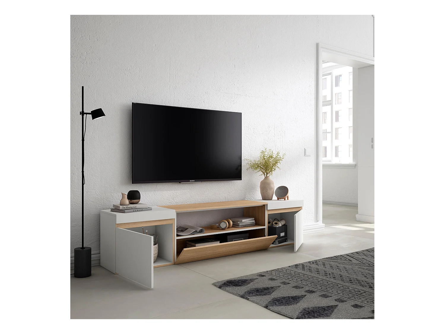 Meuble TV, Banc Télé, 200x35x45cm, Pour les TV jusqu'à 80", Meubles de salon, Chêne soft et blanc