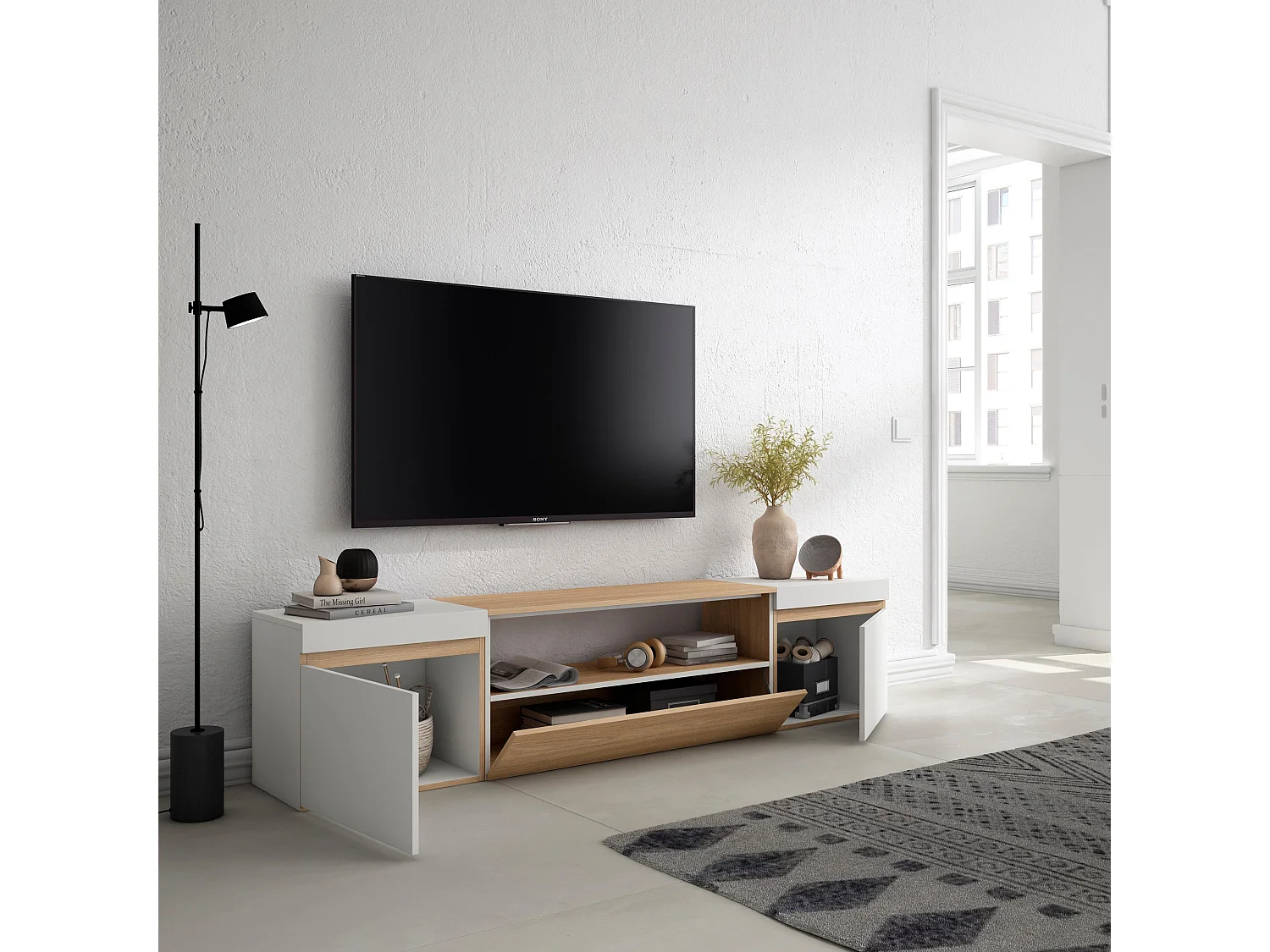 TV-Meubel, Lowboard, 200x45x35cm, Voor tv's tot 80", TV-Tafel, Eiken soft en Wit