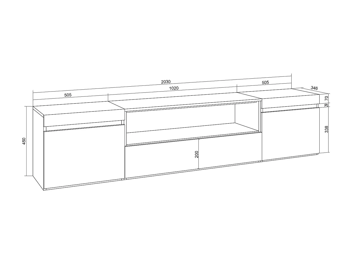 TV-Meubel, Lowboard, 200x45x35cm, Voor tv's tot 80", TV-Tafel, Eiken soft en Wit