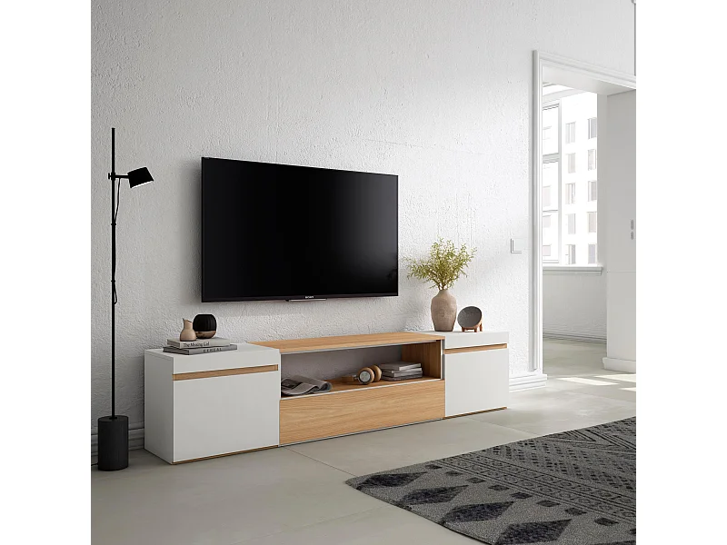 Móvel de TV, 200x35x45cm, Para televisores até 80", Estante para TV, Carvalho soft e branco