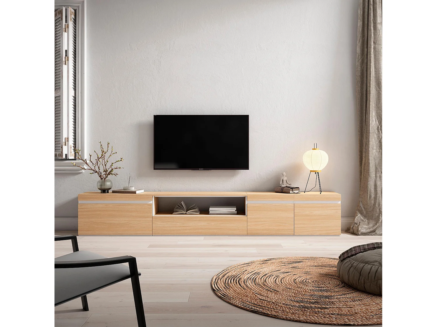 Meuble TV, Banc Télé, 288x35x45 cm, TV grand format, Meubles de salon, Chêne soft et blanc