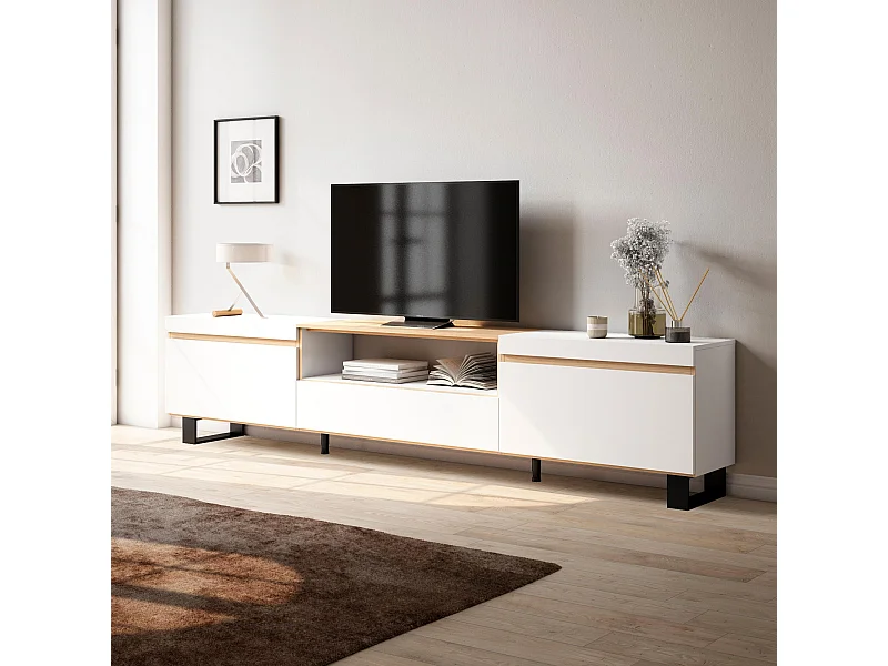Mobile TV Soggiorno, 260x35x57cm, TV di grande formato, Design industriale, Bianco e Rovere soft