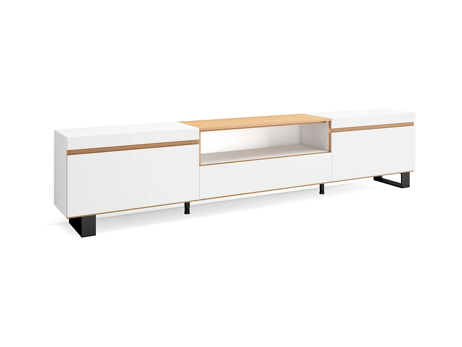 Mobile TV Soggiorno, 260x35x57cm, TV di grande formato, Design industriale, Bianco e Rovere soft