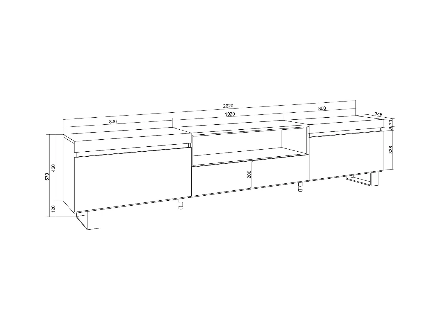 Mobile TV Soggiorno, 260x35x57cm, TV di grande formato, Design industriale, Bianco e Rovere soft