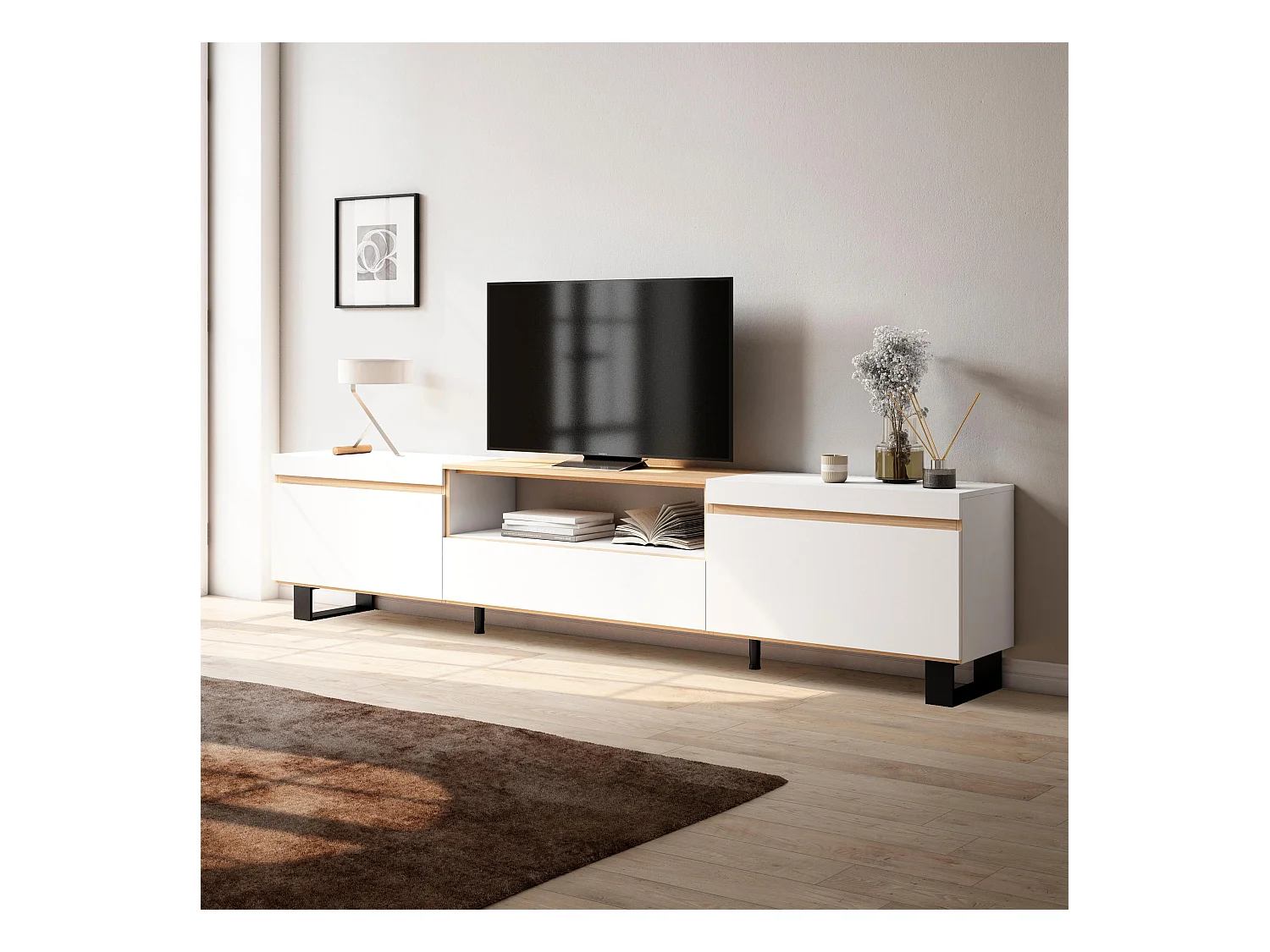 Meuble TV, Banc Télé, 260x35x57 cm, TV grand format, Design industriel, Blanc et Chêne Soft