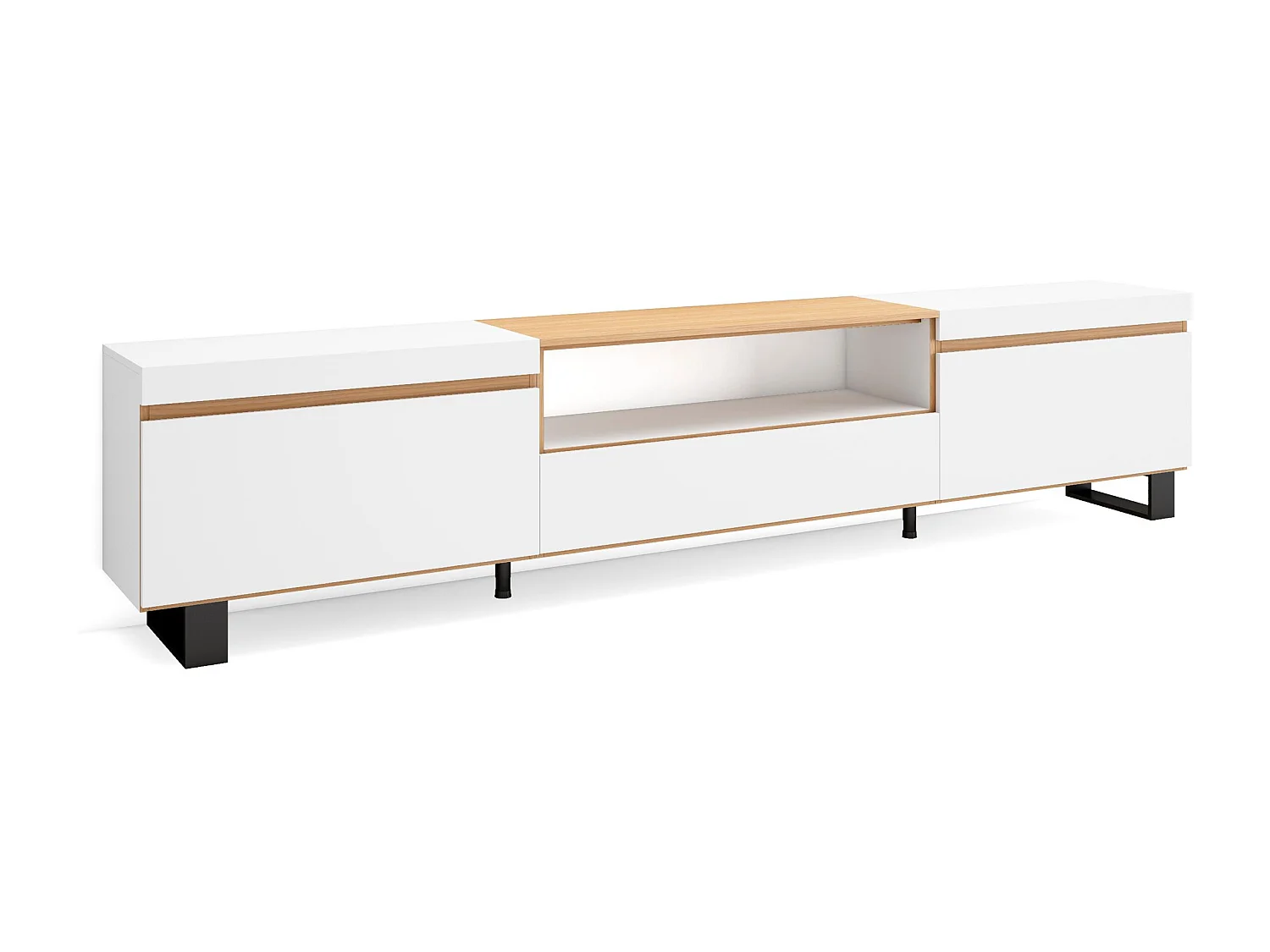 TV-Schrank, Lowboard, 260x35x57 cm, Für großformatiges TV, Industriedesign, Weiß und Eiche Soft