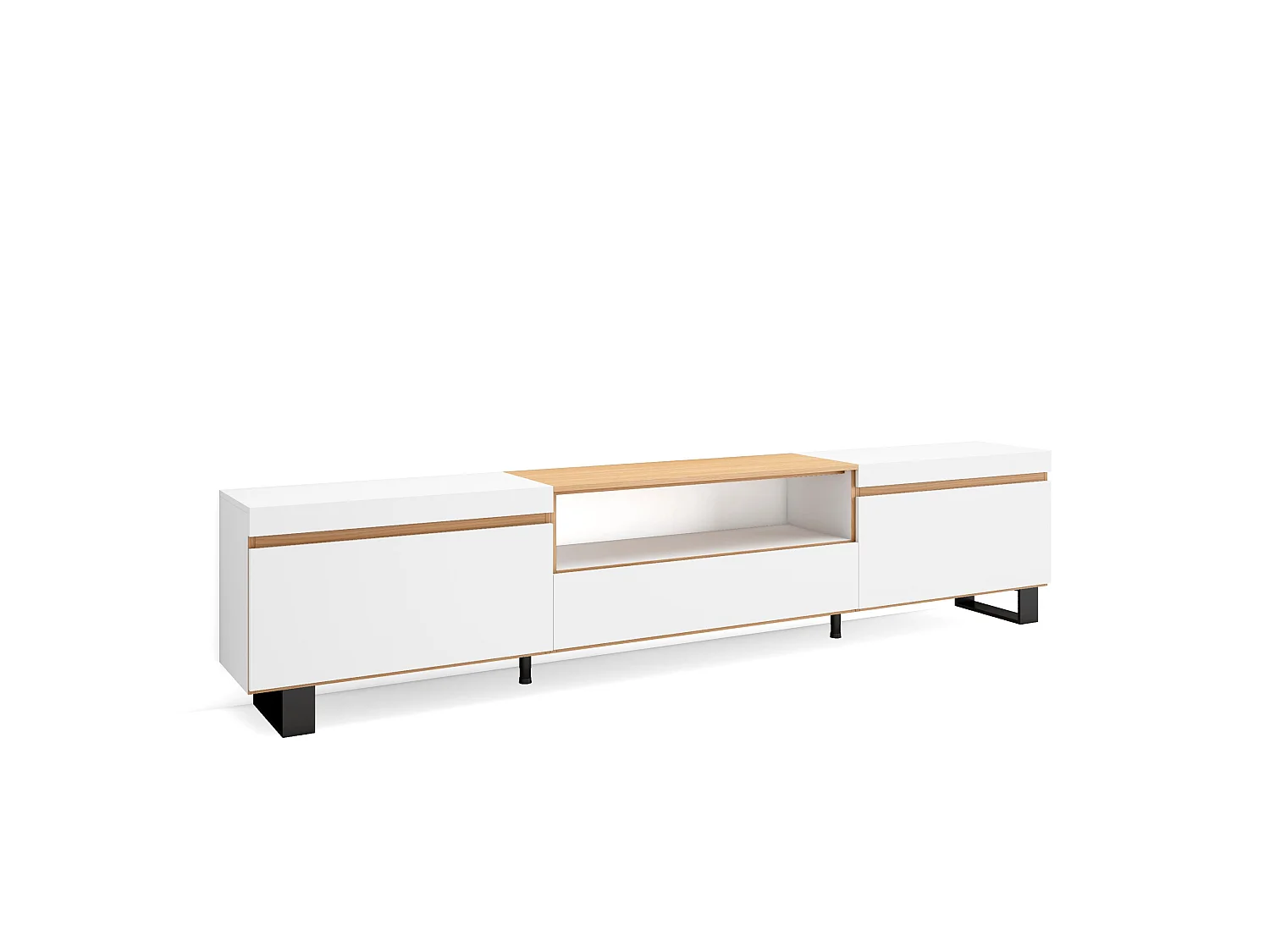 Meuble TV, Banc Télé, 260x35x57cm, TV grand format, Design industriel, Blanc et Chêne Soft
