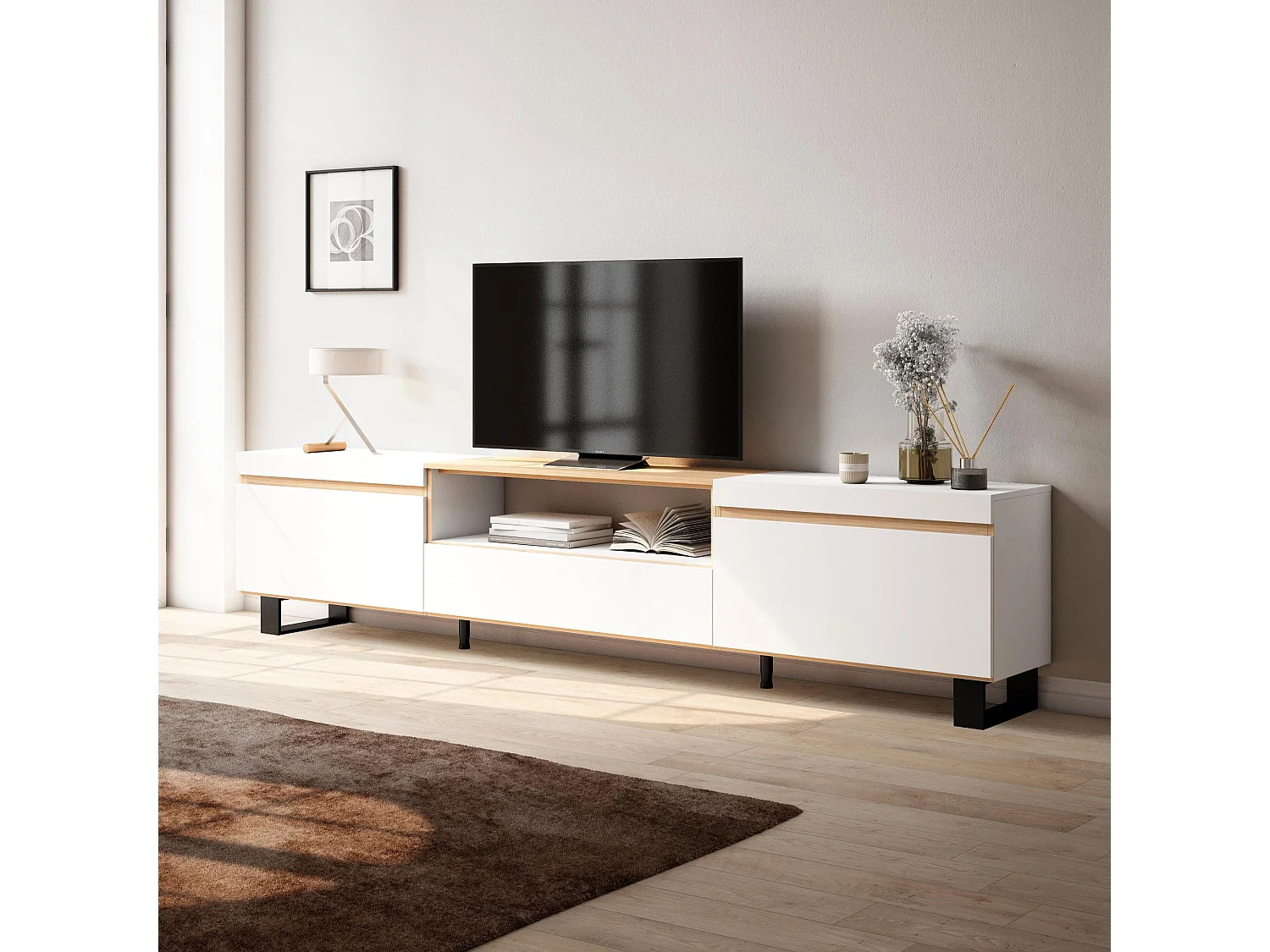 Meuble TV, Banc Télé, 260x35x57cm, TV grand format, Design industriel, Blanc et Chêne Soft
