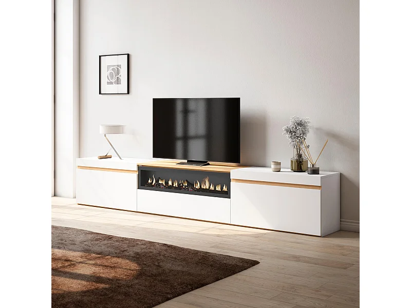 TV-Meubel, Lowboard, 260x45x35cm, Groot formaat TV, Elektrische haard, Wit en Eiken soft