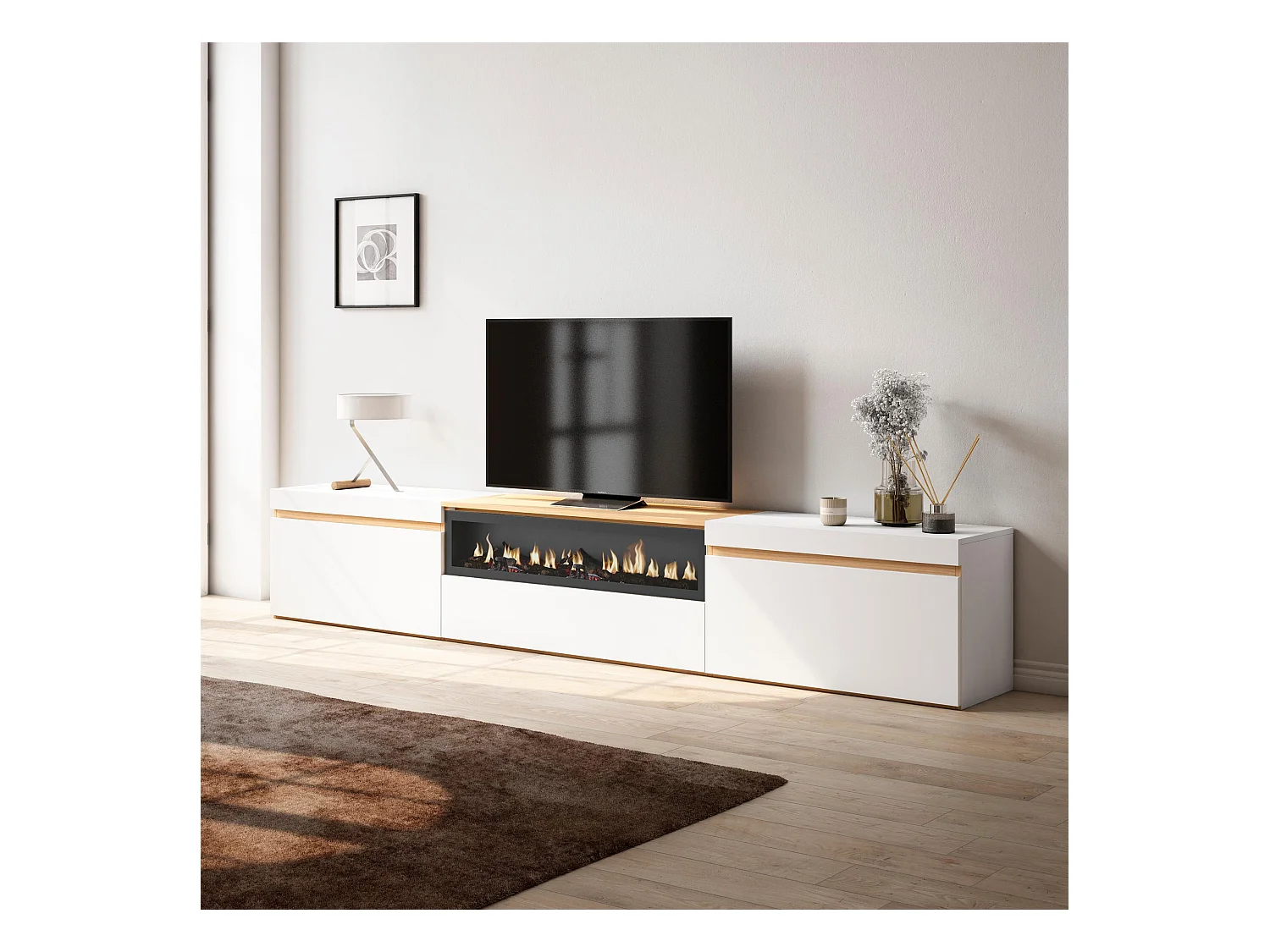 Meuble TV, Banc Télé, 260x35x45cm, TV grand format, Cheminée électrique, Blanc et Chêne Soft