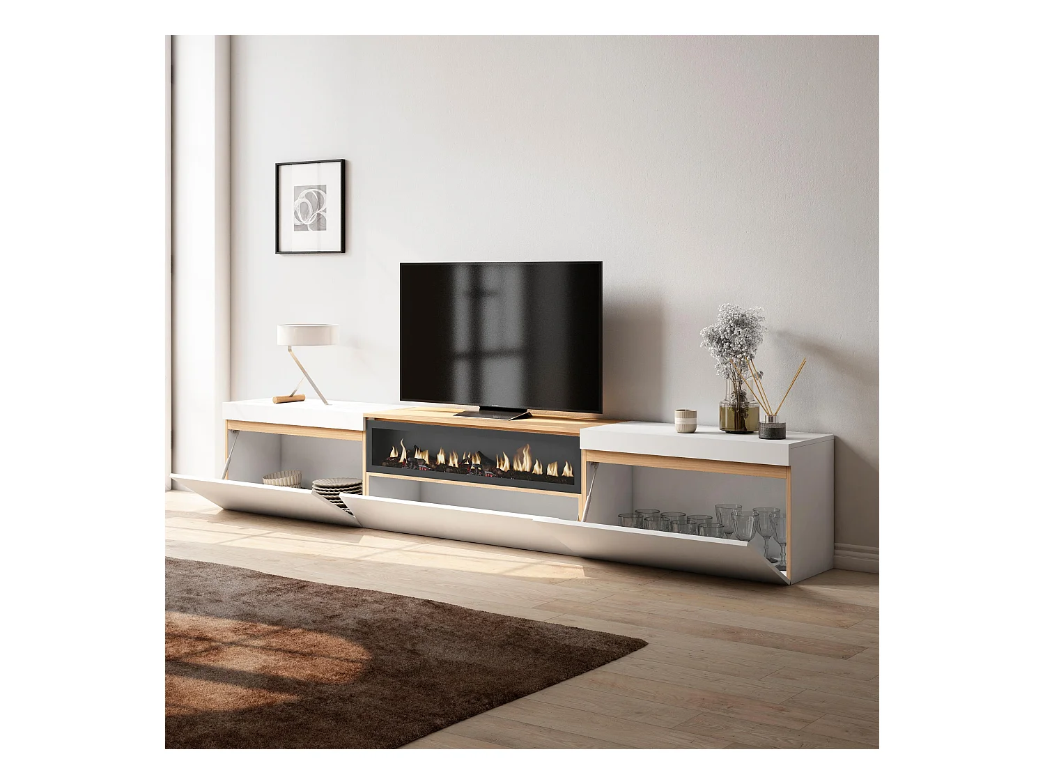 Meuble TV, Banc Télé, 260x35x45cm, TV grand format, Cheminée électrique, Blanc et Chêne Soft