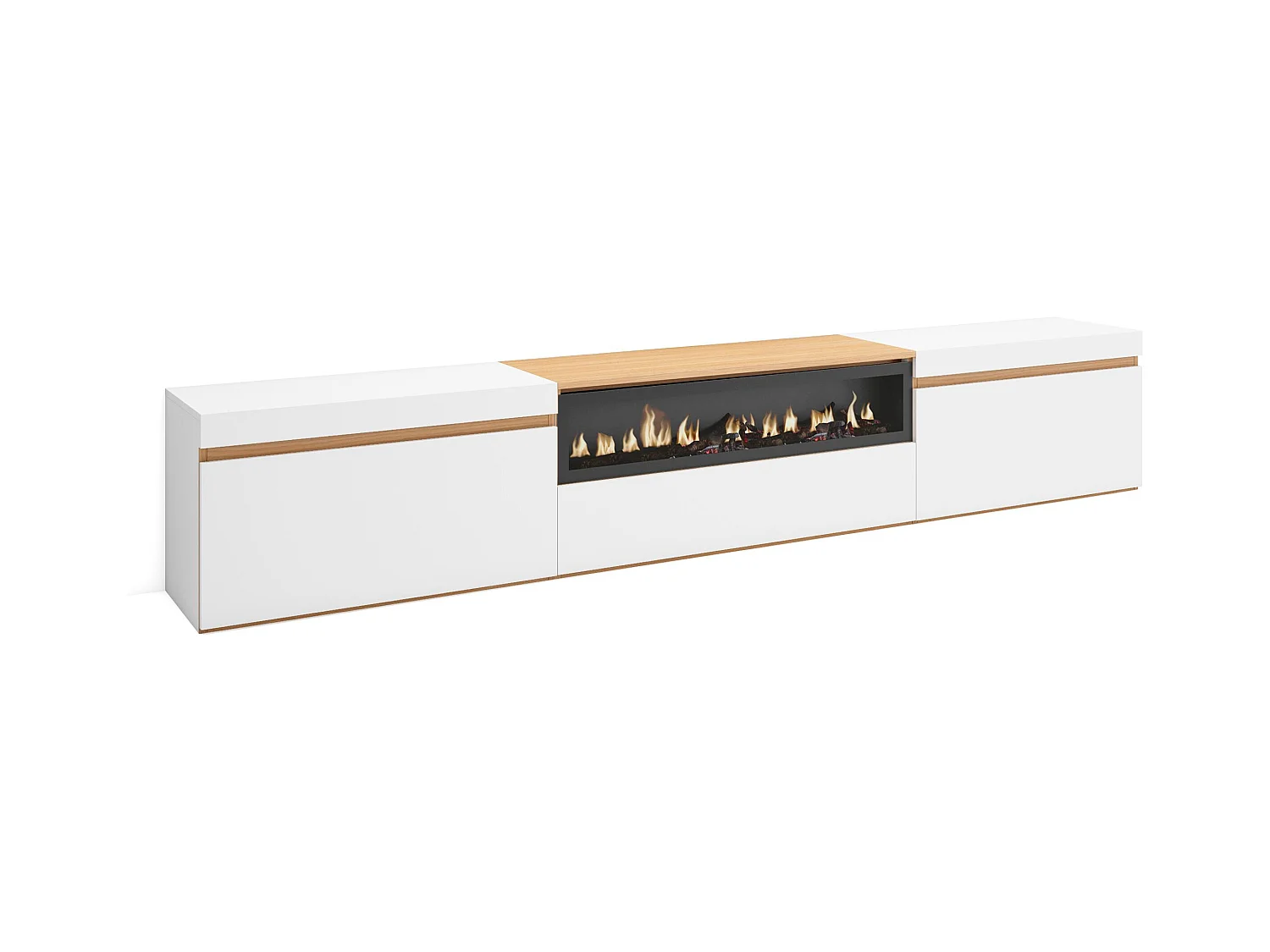 TV-Schrank, Lowboard, 260x35x45cm, Für großformatiges TV, Elektrokamin., Weiß und Eiche Soft