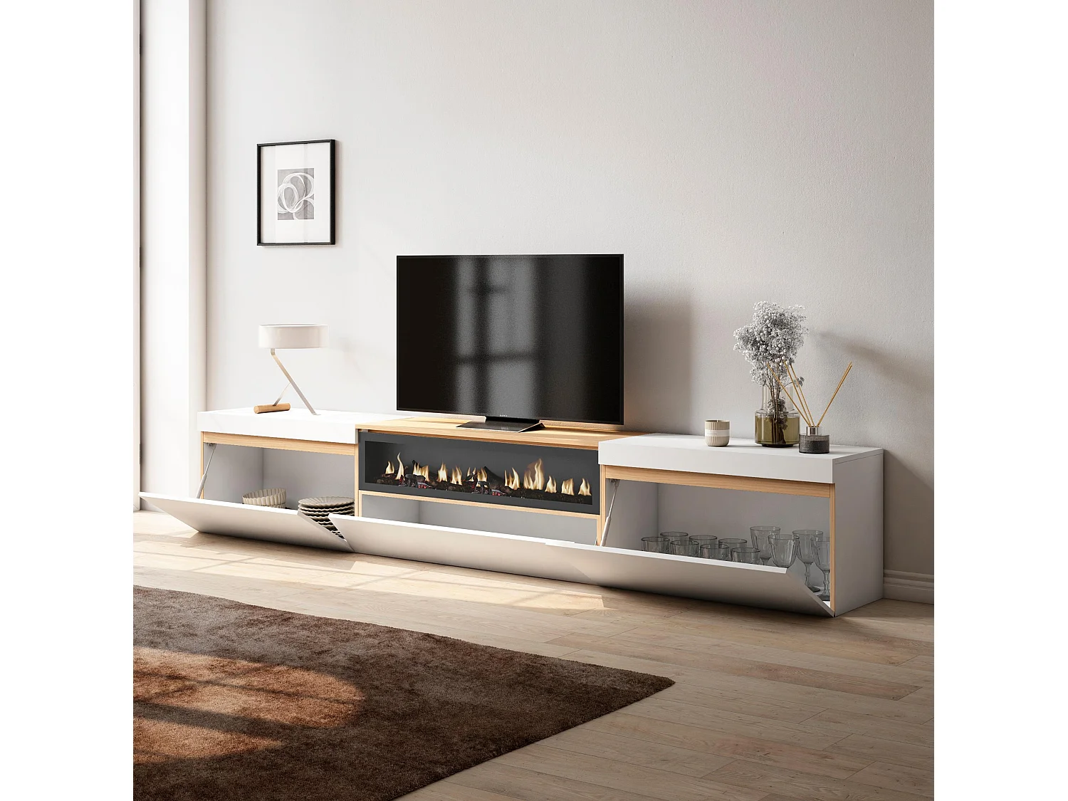 TV-Meubel, Lowboard, 260x35x45cm, Groot formaat TV, Elektrische haard, Wit en Eiken soft