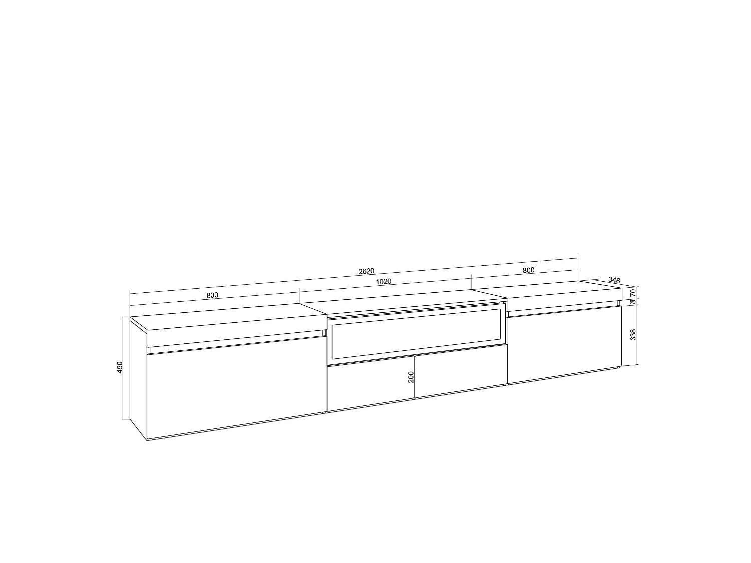 TV-Meubel, Lowboard, 260x35x45cm, Groot formaat TV, Elektrische haard, Wit en Eiken soft