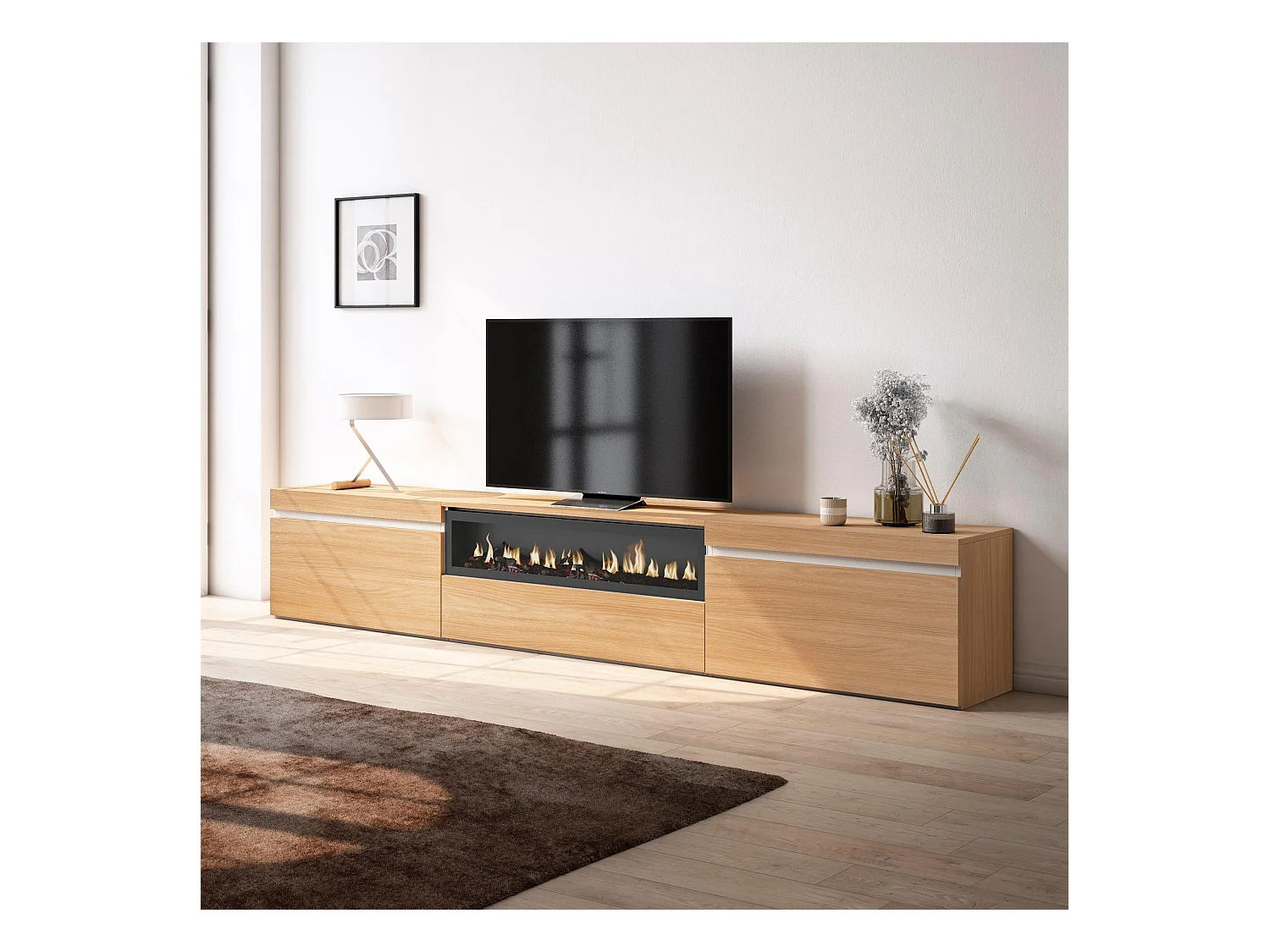 Meuble TV, Banc Télé, 260x35x45cm, TV grand format, Cheminée électrique, Chêne soft et blanc