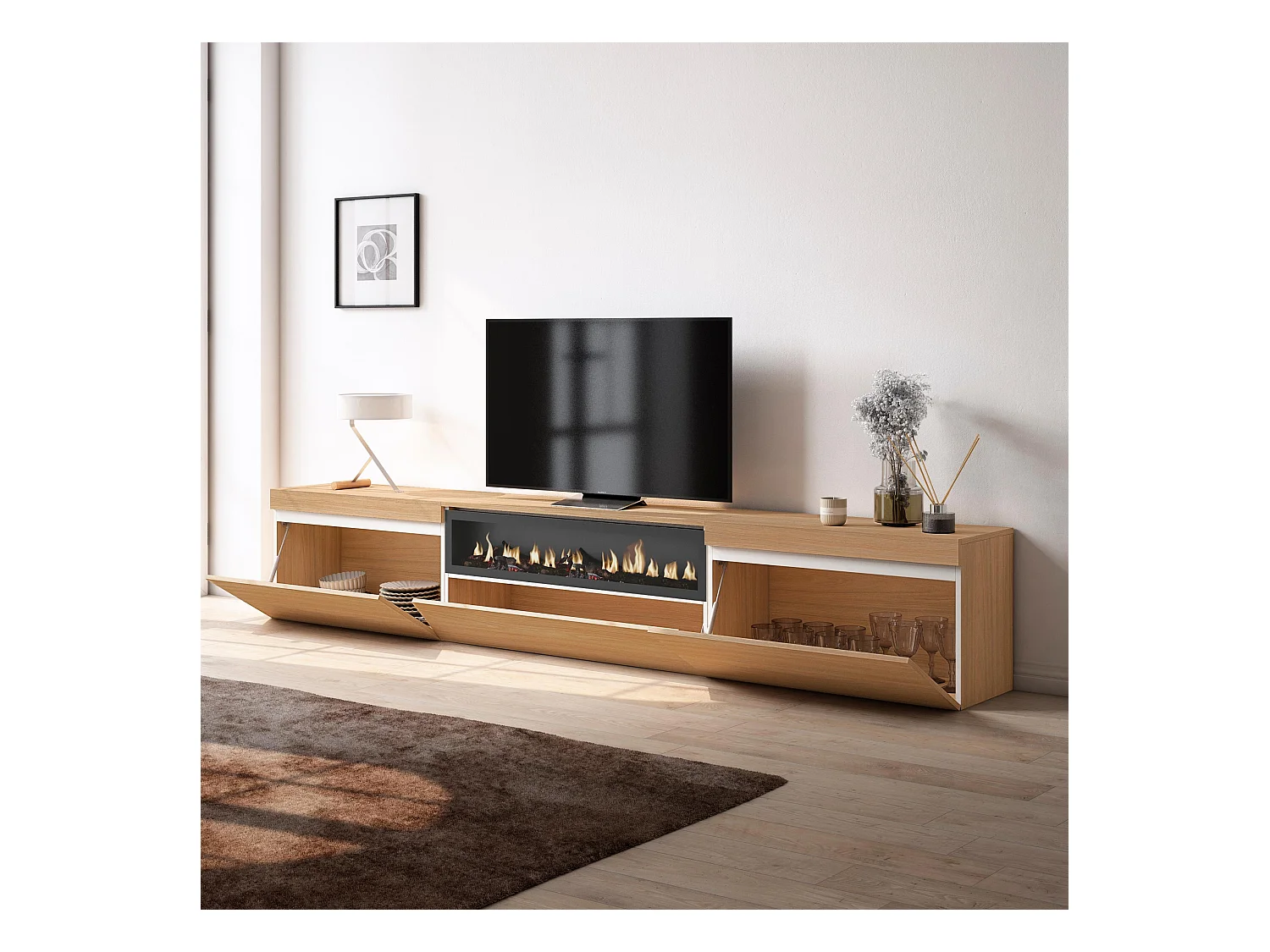 Meuble TV, Banc Télé, 260x35x45cm, TV grand format, Cheminée électrique, Chêne soft et blanc