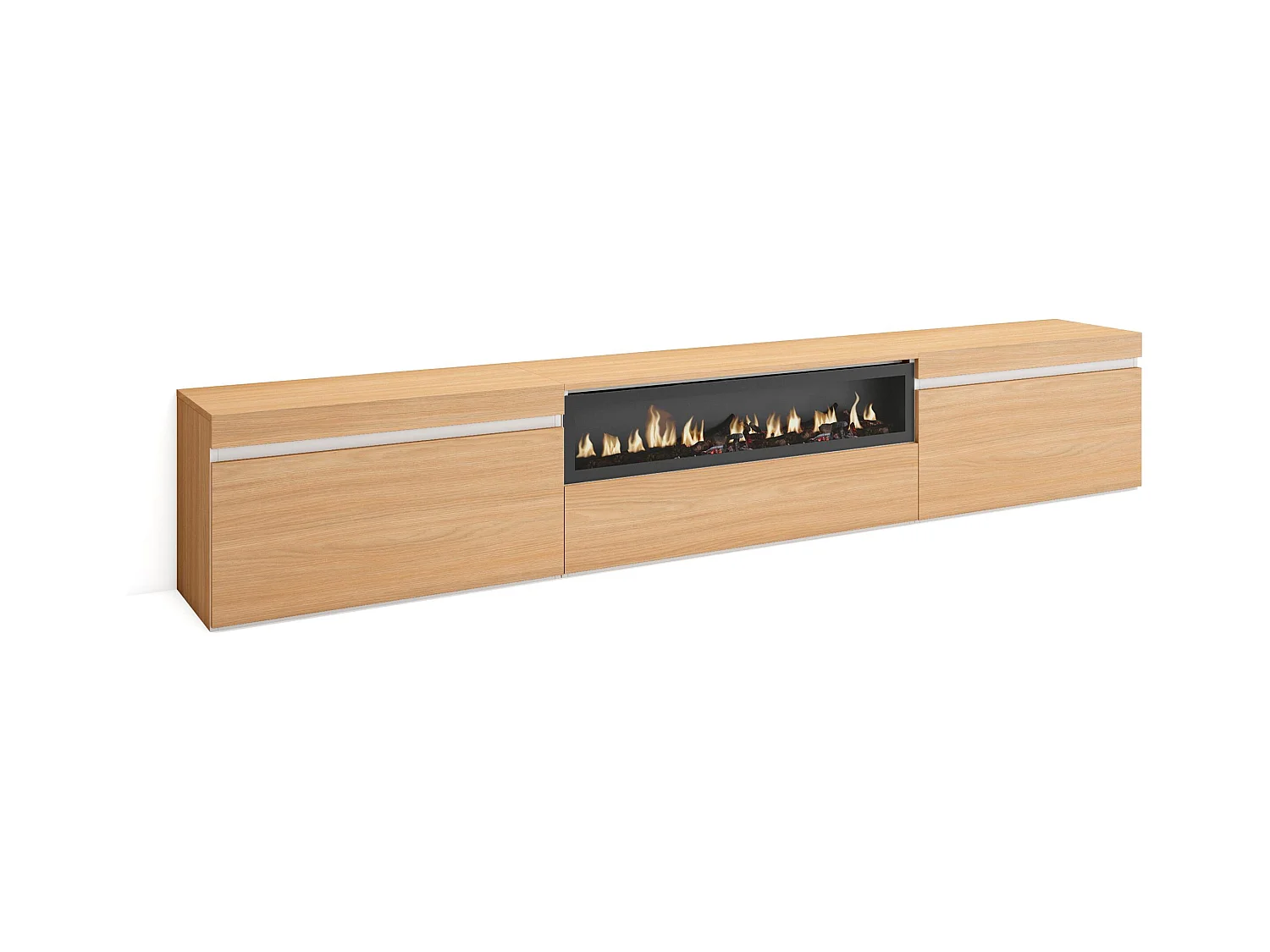 TV-Meubel, Lowboard, 260x45x35cm, Groot formaat TV, Elektrische haard, Eiken soft en Wit