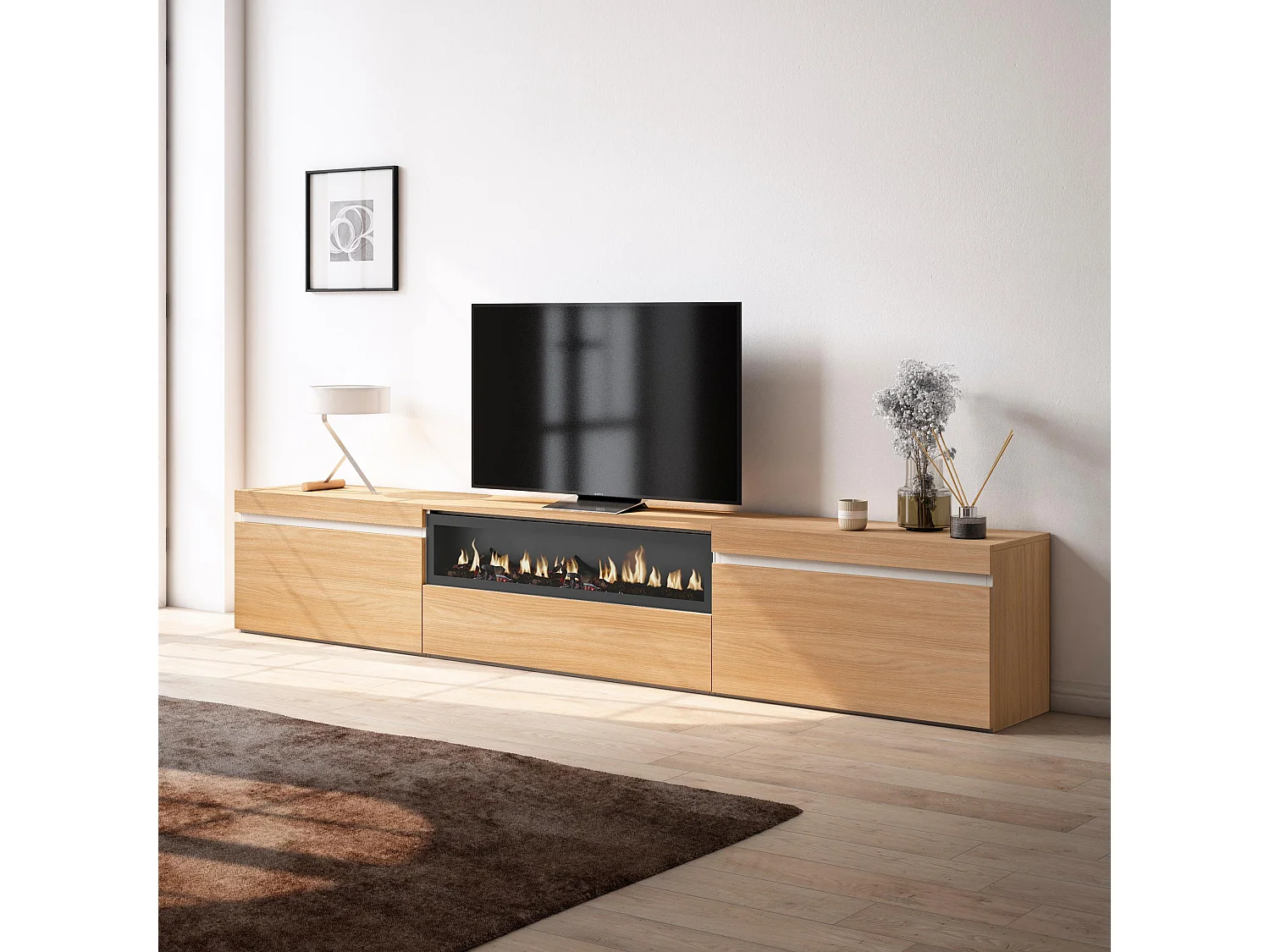 Meuble TV, Banc Télé, 260x35x45cm, TV grand format, Cheminée électrique, Chêne soft et blanc