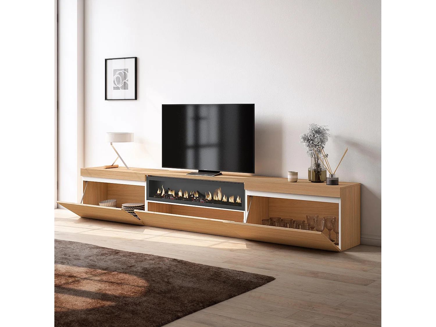 Meuble TV, Banc Télé, 260x35x45cm, TV grand format, Cheminée électrique, Chêne soft et blanc