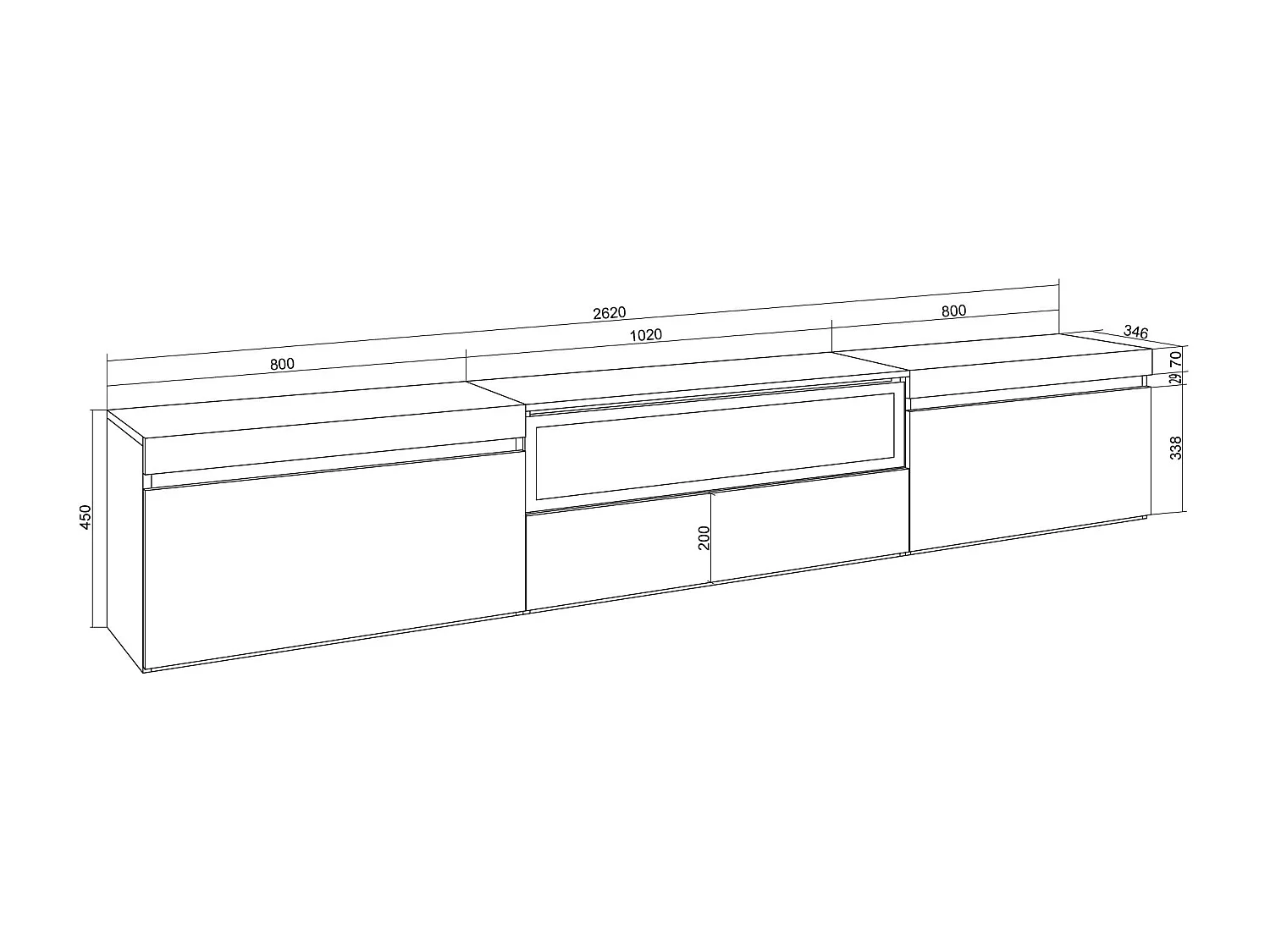 Meuble TV, Banc Télé, 260x35x45cm, TV grand format, Cheminée électrique, Chêne soft et blanc