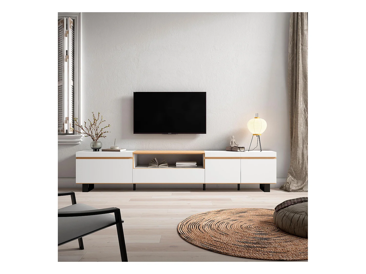 Meuble TV, Banc Télé, 288x35x57 cm, TV grand format, Design industriel, Blanc et Chêne Soft