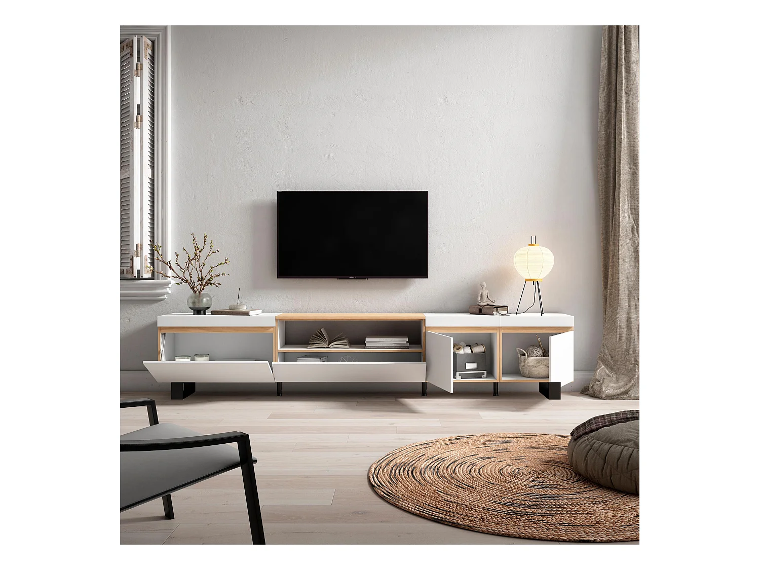 Meuble TV, Banc Télé, 288x35x57 cm, TV grand format, Design industriel, Blanc et Chêne Soft