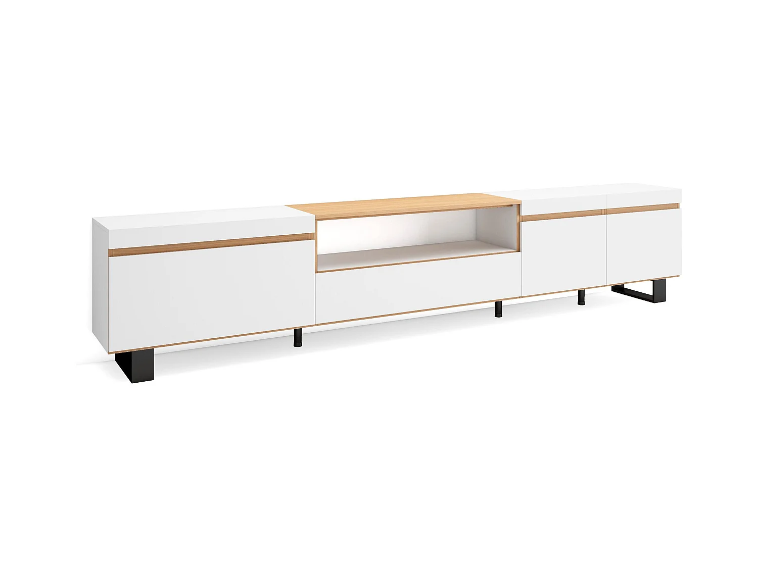 TV-Meubel, Lowboard, 288x57x35 cm, Groot formaat TV, Industrieel design, Wit en Eiken soft